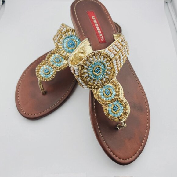 Union Bay Shoes - Union Bay Womens Southwest Beaded Sandals Flats Gold/Turquoise/White, 7.5M